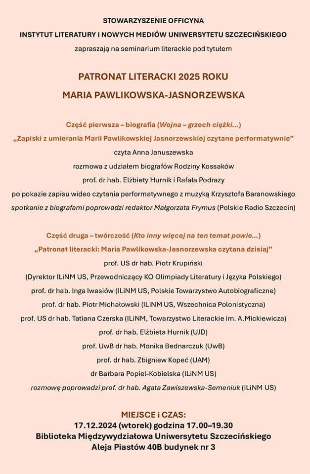 Zapraszamy na seminarium literackie pod tytułem PATRONAT LITERACKI 2025 ROKU MARIA PAWLIKOWSKA-JASNORZEWSKA