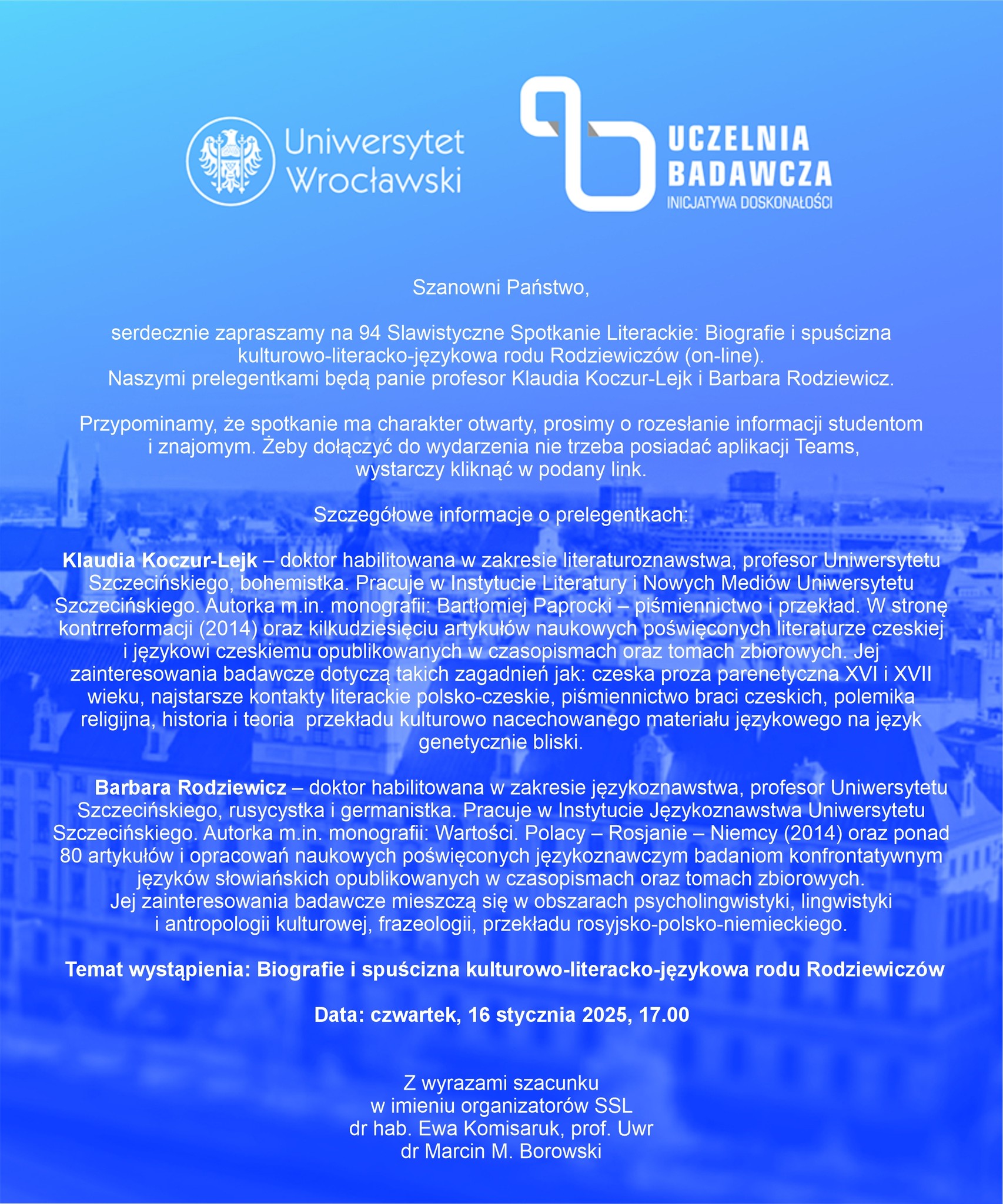 Prof. Klaudia Koczur-Lejk prowadzącą 94. Slawistyczne Spotkanie Literackie na Uniwersytecie Wrocławskim