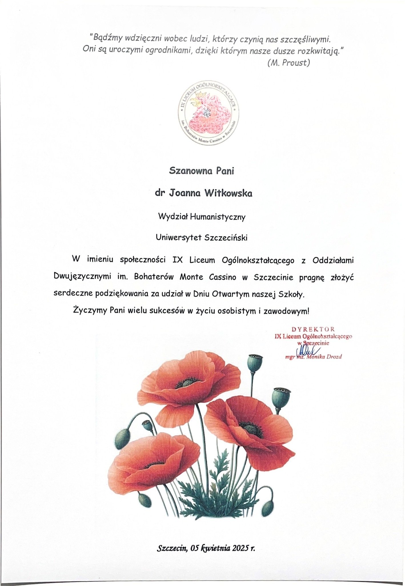 Dr Joanna Witkowska w IX Liceum Ogólnokształcące w Szczecinie