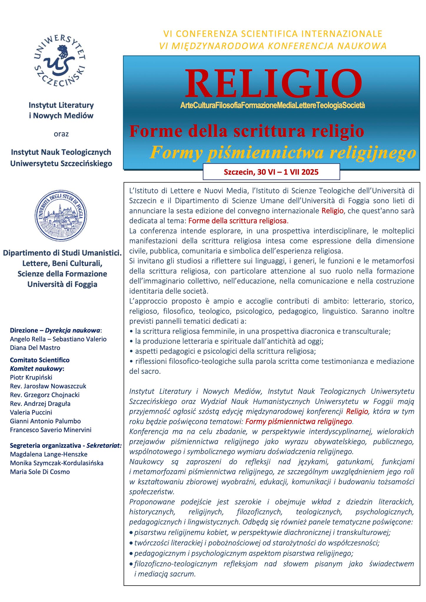 Zapraszamy na 6. edycję międzynarodowej konferencji Religio: Formy piśmiennictwa religijnego