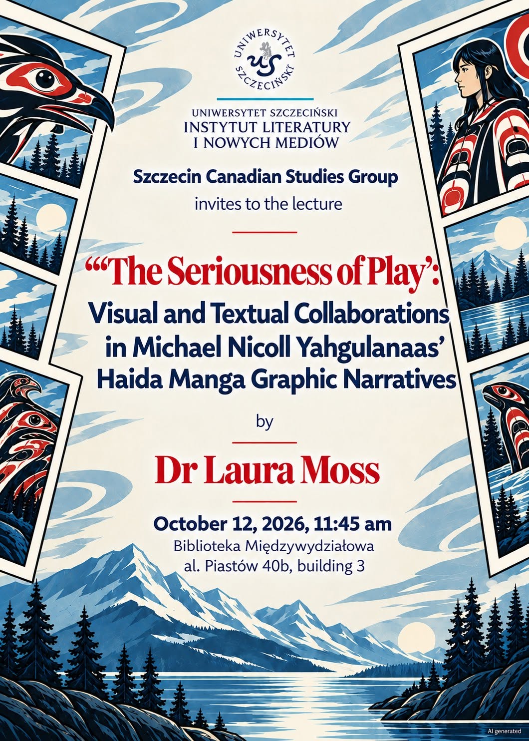 Zapraszamy na spotkanie z prof. Laurą Moss “‘The Seriousness of Play’: Visual and Textual Collaborations in Michael Nicoll Yahgulanaas’ Haida Manga Graphic Narratives”